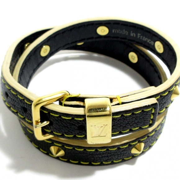 Louis Vuitton LV suhali wrap around black leather gold stud bracelet EUC - Picture 8 of 9